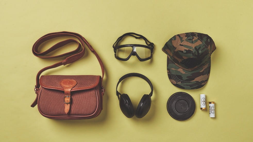 satchel, goggles and earmuffs for shooting